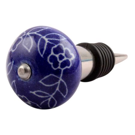 Navy Blue Leaf Floral Ceramic Wine Stopper